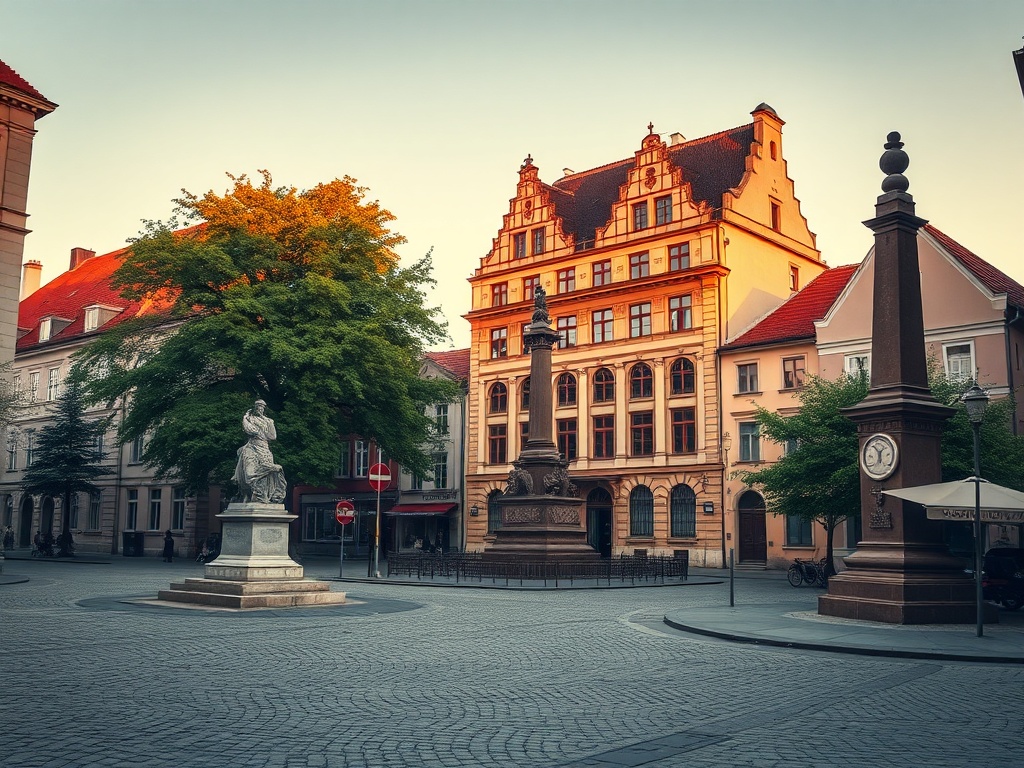 Widok na rynek Starogardu Gdańskiego z zabytkowymi kamienicami i ratuszem