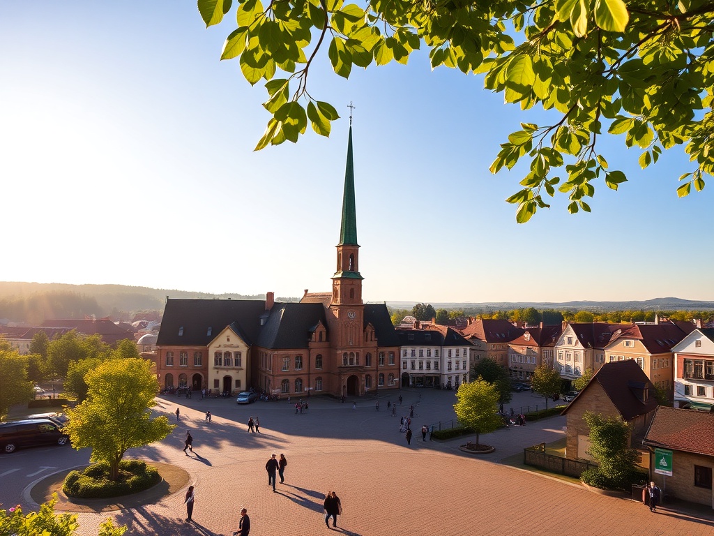 Widok na rynek w Starogardzie Gdańskim podczas słonecznego dnia, z ludźmi spacerującymi i siedzącymi w ogródkach kawiarnianych.